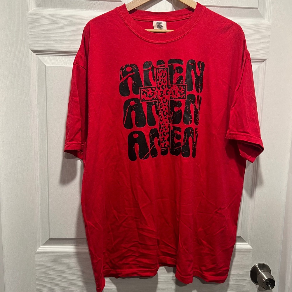 Comfort Colors Amen Cross Leopard Graphic T-Shirt Red 2XL Heavyweight Cotton